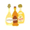 Collection of bottles with alcohol. Champagne, beer and tequila. Party drinks concept. Hand draw cartoon isolated illustration on