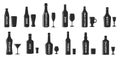 Collection of bottles and glasses: beer, wine, vodka, cognac, whiskey, martini and others. Bottles of alcoholic drinks and glasses Royalty Free Stock Photo