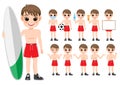 Collection of boy cartoon character summer outdoor activities with sport or swimming wear, isolated cartoon