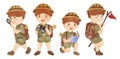 Collection of Boy scout with hiking suit . Realistic watercolor paint with paper textured . Cartoon character design . Vector Royalty Free Stock Photo