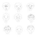 A collection of boys` faces with different emotions. Vector illustration of doodles. A set of cute avatars