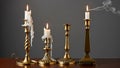 Collection of brass candlesticks with lit candles Royalty Free Stock Photo