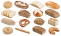 Collection of bread breads bagel roll toast pretzel isolated