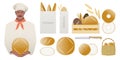 Collection of breads of different kinds. Baguettes and bagels. Baker holding a loaf of bread in his hands