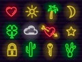 Collection of bright attractive colorful neon casino games bets and entertainment icons Royalty Free Stock Photo