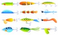 Collection bright bait for fish vector flat illustration. Set of fishing lure with floating and hook Royalty Free Stock Photo