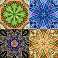 Collection of bright ceramic tiles. Set of square ornament patterns. Drawing by colored pencils Royalty Free Stock Photo