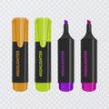 Collection of bright and colored highlighters, realistic markers on transparent background, vector illustration