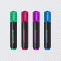 Collection of bright and colored highlighters, realistic markers on transparent background, vector illustration