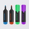 Collection of bright and colored highlighters, realistic markers on transparent background, vector illustration