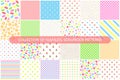 Collection of bright colorful seamless skrapbook patterns - delicate design. Cute endless prints. Repeatable unusual