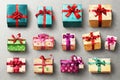 Collection of bright multi-colored gift boxes, decorative gifts, decorated with bows on a gray background Royalty Free Stock Photo