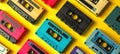 A collection of bright, multicolored vintage cassette tapes arranged randomly. Analog music media. Top view. Backdrop Royalty Free Stock Photo