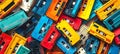 A collection of bright, multicolored vintage cassette tapes arranged randomly. Analog music media. Top view. Background Royalty Free Stock Photo