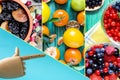 A collection of bright pictures with berries, citrus fruits and dried fruits.