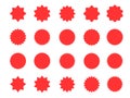A collection of bright red labels. Sticker with a sale or discount. The price tag of a special offer in retail. Supermarket