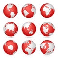 Collection of bright red-white globes icons. Set maps of the world. Planet with continents Royalty Free Stock Photo