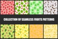 Collection of bright seamless fruits patterns - hand drawn cartoon design. Repeatable summer backgrounds. Vibrant Royalty Free Stock Photo