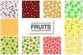 Collection of bright seamless fruits patterns - hand drawn design. Repeatable summer backgrounds. Vibrant endless prints Royalty Free Stock Photo