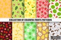 Collection of bright seamless fruits patterns - hand drawn design. Repeatable summer cartoon backgrounds. Vibrant Royalty Free Stock Photo