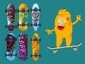 Collection of bright skateboard on a dark background with a yellow monster.