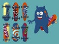 Collection of bright skateboard on a light background with a merry navy blue monster.