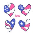 A collection of bright USA hearts. Vector flag of America. Royalty Free Stock Photo