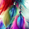 A collection of brightly colored feathers adorned with shimmering rhinestones