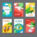 Collection of brightly colored rectangular card on travel and leisure. Flat style.