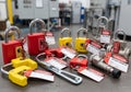 A collection of brightly colored safety locks and lockout tags is displayed on a table in a Royalty Free Stock Photo