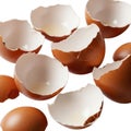 A collection of broken brown eggshells scattered artistically on a clean white background isolated on white background Royalty Free Stock Photo