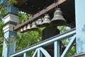 A collection of bronze, cup-shaped church bells housed in the bell tower of a church which are rung within the liturgy, feasts Royalty Free Stock Photo