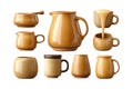 Collection of Brown Ceramic Kitchenware on White Background Royalty Free Stock Photo