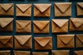 Collection of brown envelopes arranged neatly on a dark surface, showcasing various sizes and positions in a creative Royalty Free Stock Photo