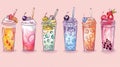 Collection of bubble tea cups, pearl milk tea, yummy drinks, coffees, and soft drinks with doodle style banner. Modern Royalty Free Stock Photo
