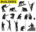 Collection of builders silhouettes. Isolated silhouettes of builders with different tools. Builders