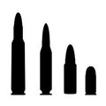 Collection of bullets and cartridges. Bullet black silhouettes set. Royalty Free Stock Photo