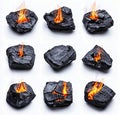 Burning coal pieces arrangement on a bright surface isolated on transparent  background png Royalty Free Stock Photo