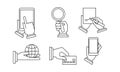 Set of 6 linear business icons. Human hands holding different items. Modern vector illustrations Royalty Free Stock Photo