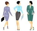 Collection. Business woman holding a folder. Beautiful girl in a strict suit. It is a woman in high heels shoes. Vector