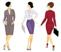 Collection. Business woman holding a folder. Beautiful girl in a strict suit. It is a woman in high heels shoes. Vector