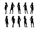 Collection of businesswoman silhouettes. Women in business dresses set, isolated black on white.