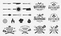 Collection of Butchery, Barbecue and Grill logos, emblems, labels, badges. Set of 8 logo templates and 13 design elements for log