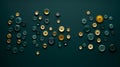 Collection of buttons in shades of green and gold on a dark emerald background. Top view. Concept of sewing, fashion Royalty Free Stock Photo