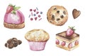 Collection of cakes, chocolate hand-drawn in watercolor and isolated on a white background.