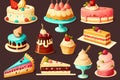 a collection of cakes and desserts on a black background with a brown background and a red background with a white border and a Royalty Free Stock Photo