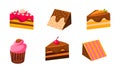 Collection of cakes set, piece of various delicious confection desserts vector Illustration Royalty Free Stock Photo