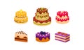 Collection of cakes set, various delicious confection desserts with fruits and berries vector Illustration Royalty Free Stock Photo