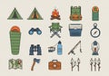 A collection of camping-related icons arranged in a grid on a light background. The icons include Royalty Free Stock Photo