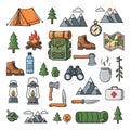 Collection of camping-themed illustrations featuring various outdoor elements Royalty Free Stock Photo